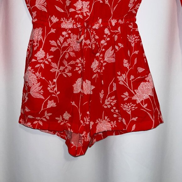 H&M Red Floral Print Romper With V-Neck & Long Sleeves - Picture 6 of 8